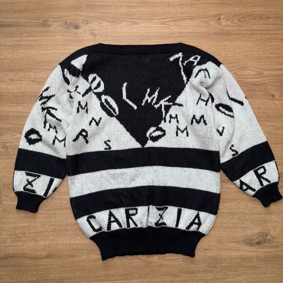 Vintage 80s Carizia Abstract Black White Sweater Women M Bold Graphic Padded - Picture 3 of 10